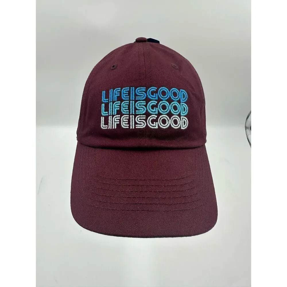 NWT Life Is Good Strapback Hat Cap Beach Golf Relax Maroon Blue Words